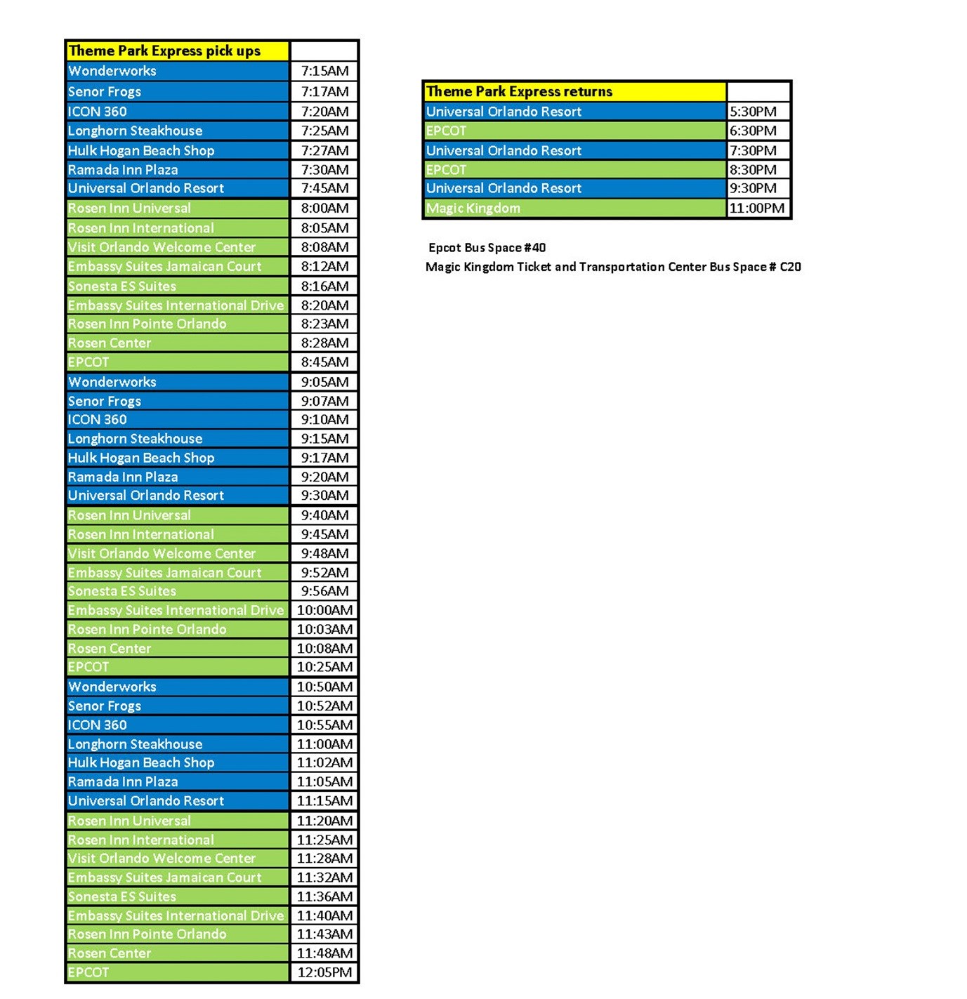 Orlando Theme Park Express Timetable